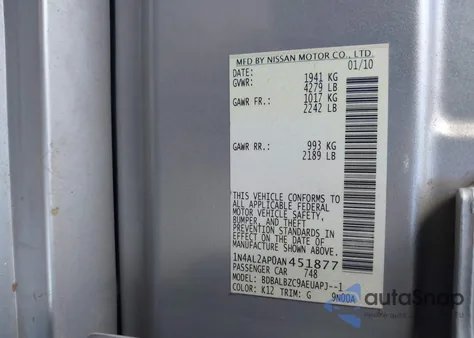 2010 Nissan Altima 2.5 S z USA, uszkodzony, nr VIN 1N4AL2AP0AN451877